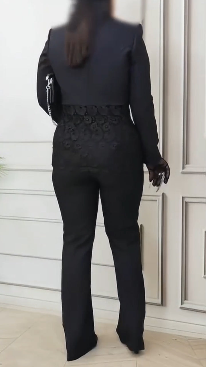 Women Lapel Stitching Printed Jacket + Printed Hollow Pants Temperament Commuter Suit