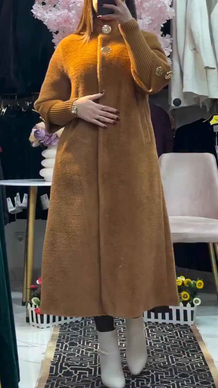 Women Stand-up Collar Stitching Knitted Sleeves Temperament Casual Plush Coat