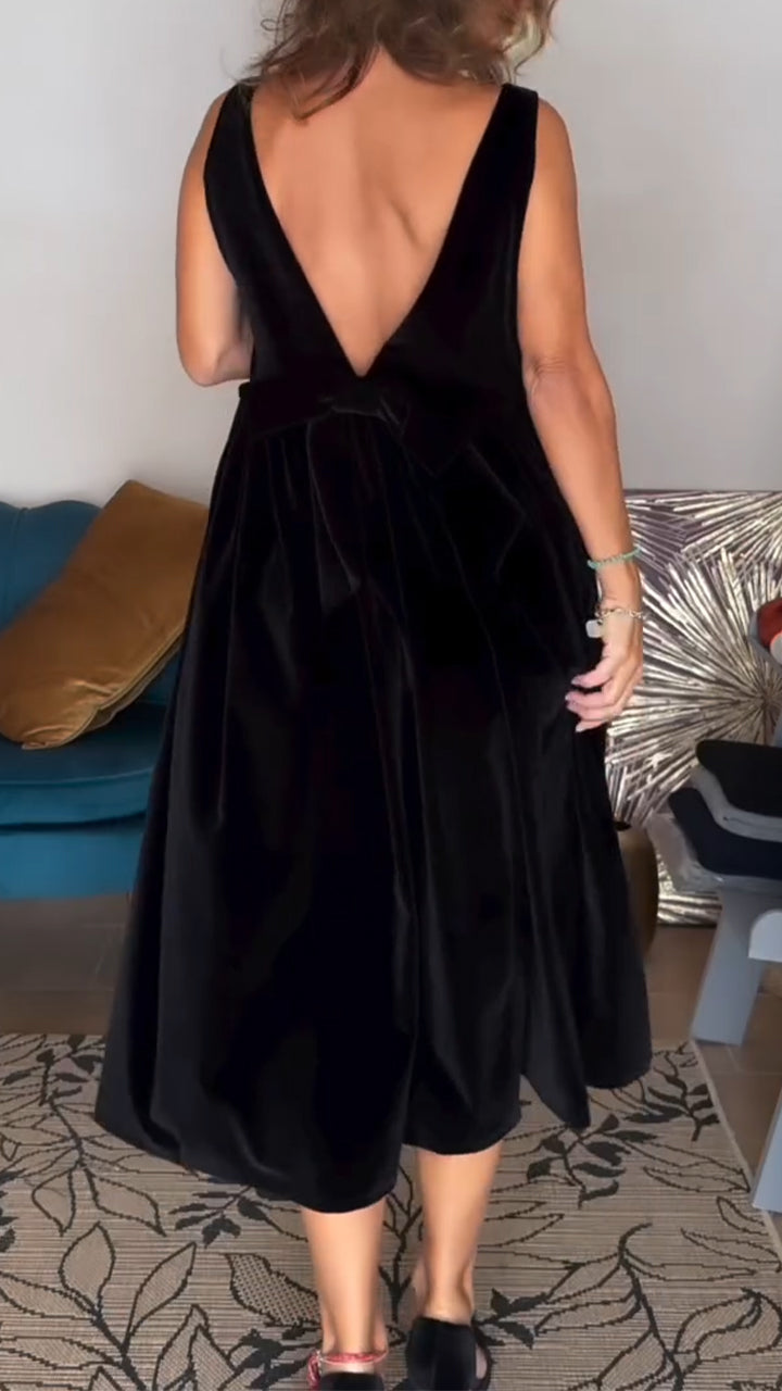 Women Round Neck Solid Color Back Hollow Bow Design Elegant Casual Black Velvet Dress