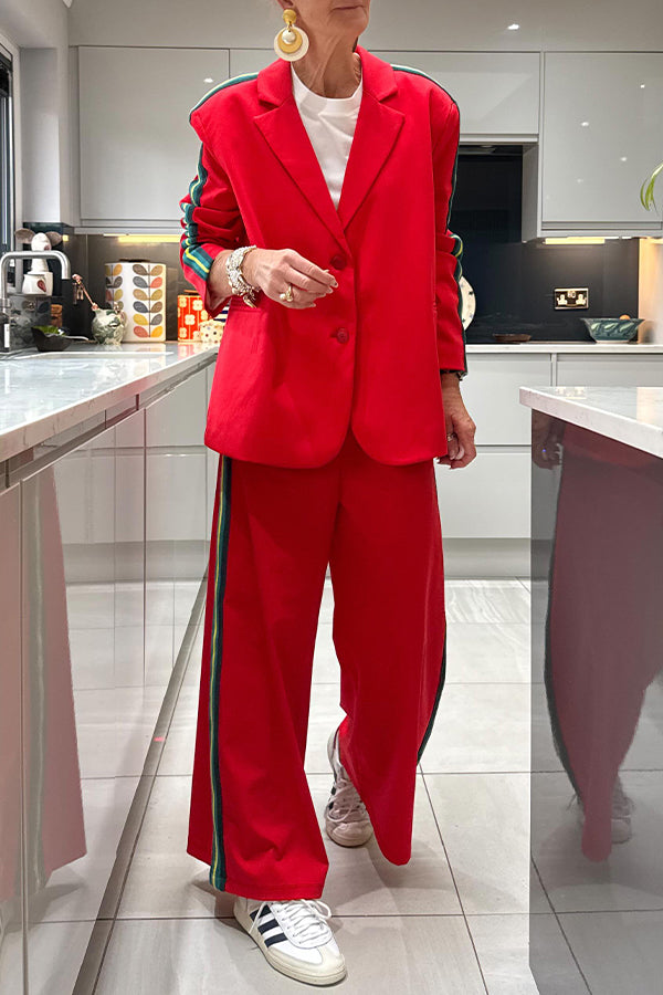 Women Casual Side Contrast Stripe Suit + Pants Suit