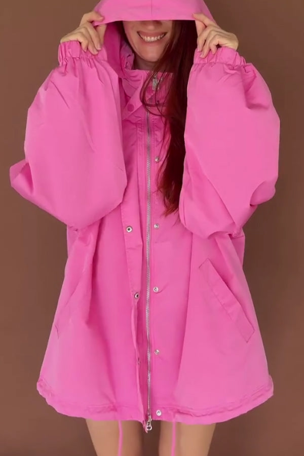 Women Casual Hooded Half-Turtleneck Drawstring Oversized Windproof and Waterproof Jacket