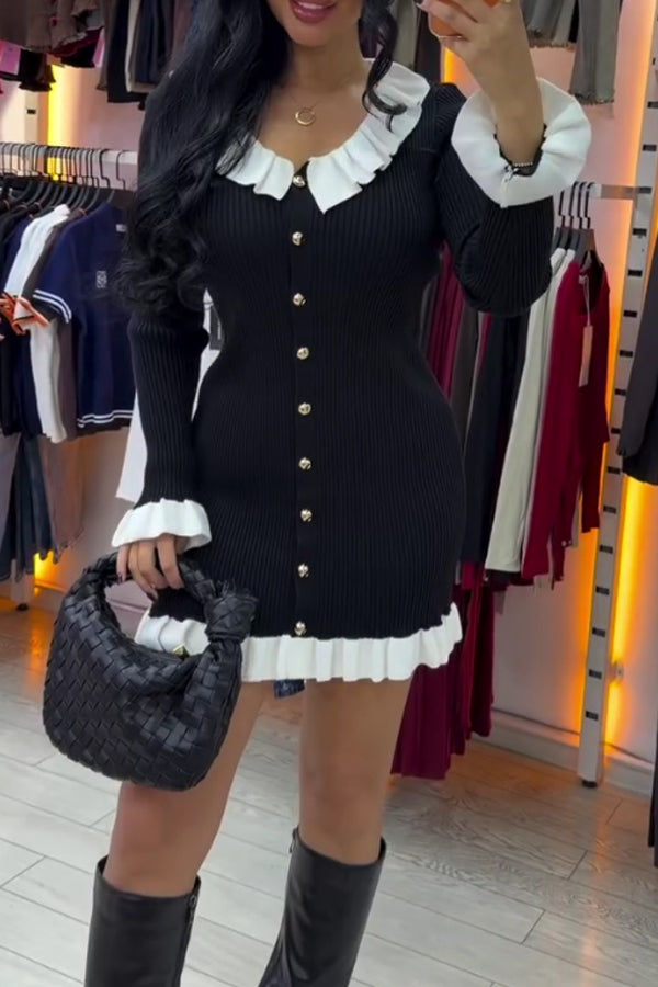 Women Elegant Contrast Ruffle Button Fitted Dress