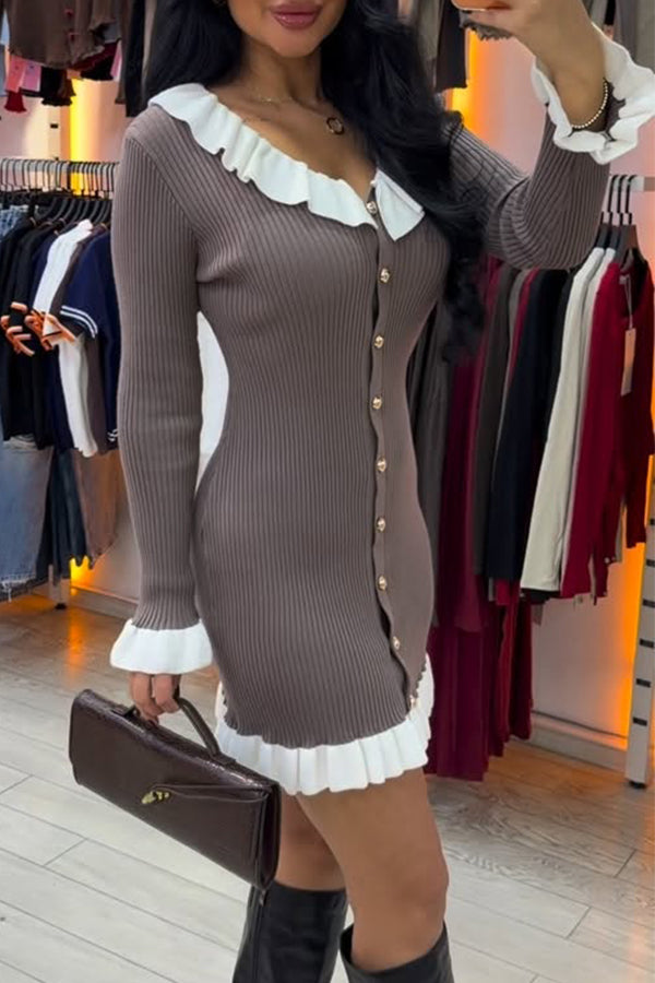 Women Elegant Contrast Ruffle Button Fitted Dress