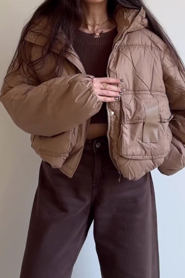 Women Casual Half-Mount Collar Hooded Large Pocket Warm Jacket