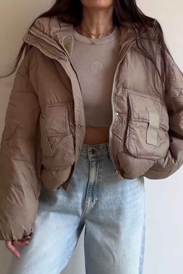 Women Casual Half-Mount Collar Hooded Large Pocket Warm Jacket