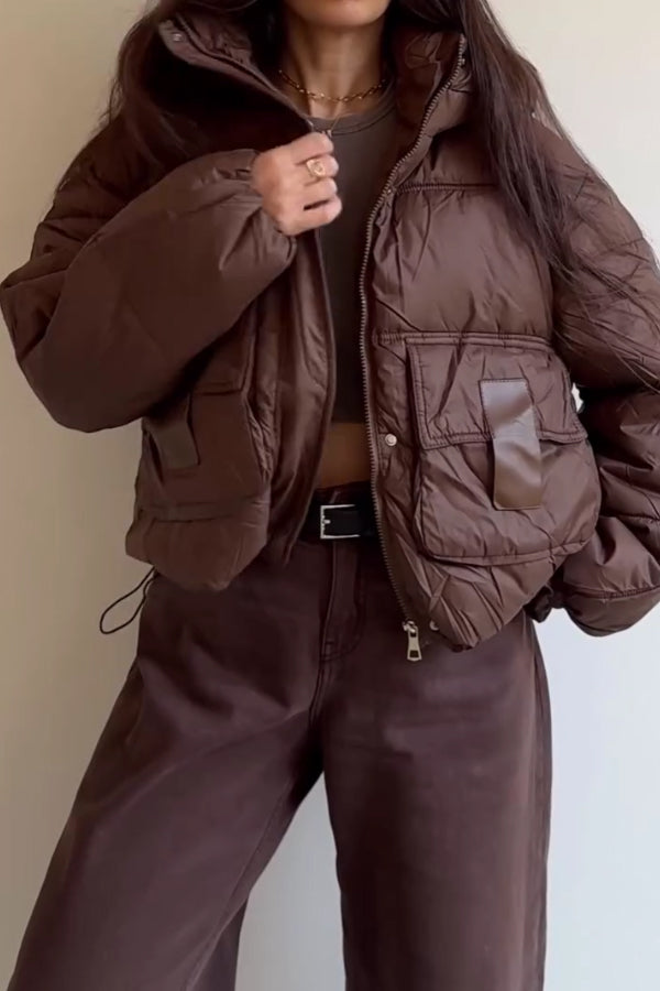 Women Casual Half-Mount Collar Hooded Large Pocket Warm Jacket