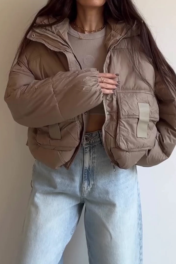 Women Casual Half-Mount Collar Hooded Large Pocket Warm Jacket