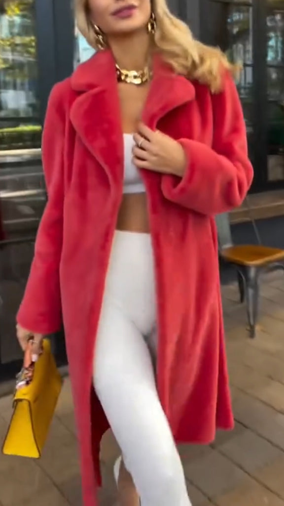 Women Lapel Solid Color Casual Plush Coat