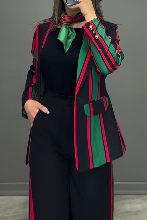 Women Elegant Colorful Striped Blazer + Wide-Leg Pants Suit