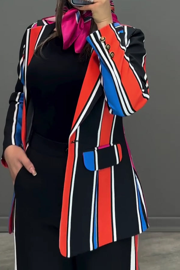Women Elegant Colorful Striped Blazer + Wide-Leg Pants Suit