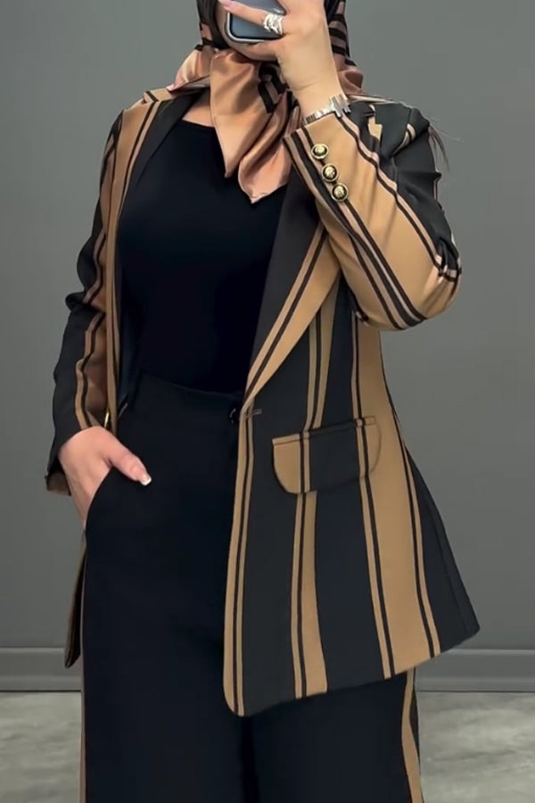 Women Elegant Colorful Striped Blazer + Wide-Leg Pants Suit