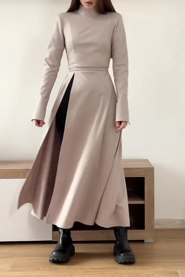 Women Elegant Half-Mount Neck Slit Sleeve Waist Tie High Slit Maxi Dress