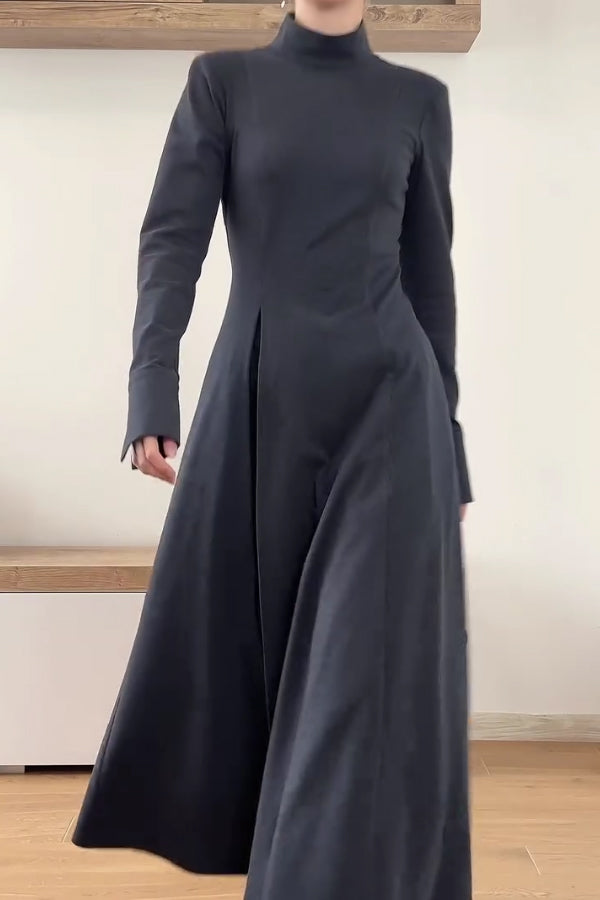 Women Elegant Half-Mount Neck Slit Sleeve Waist Tie High Slit Maxi Dress