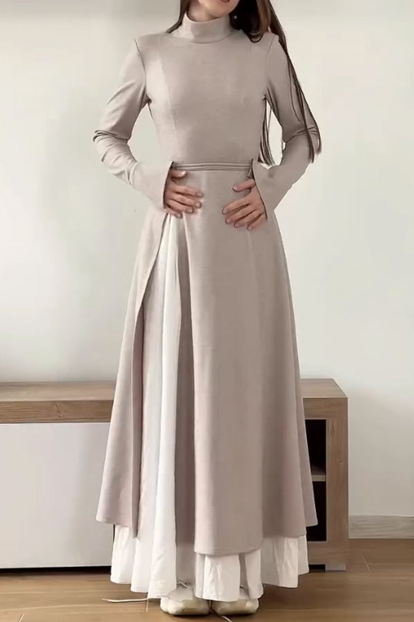 Women Elegant Half-Mount Neck Slit Sleeve Waist Tie High Slit Maxi Dress