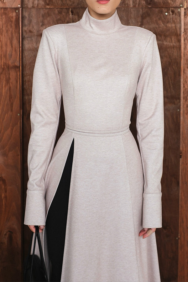 Women Elegant Half-Mount Neck Slit Sleeve Waist Tie High Slit Maxi Dress