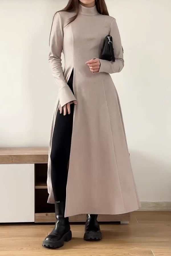 Women Elegant Half-Mount Neck Slit Sleeve Waist Tie High Slit Maxi Dress