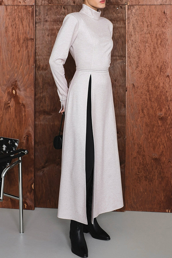Women Elegant Half-Mount Neck Slit Sleeve Waist Tie High Slit Maxi Dress