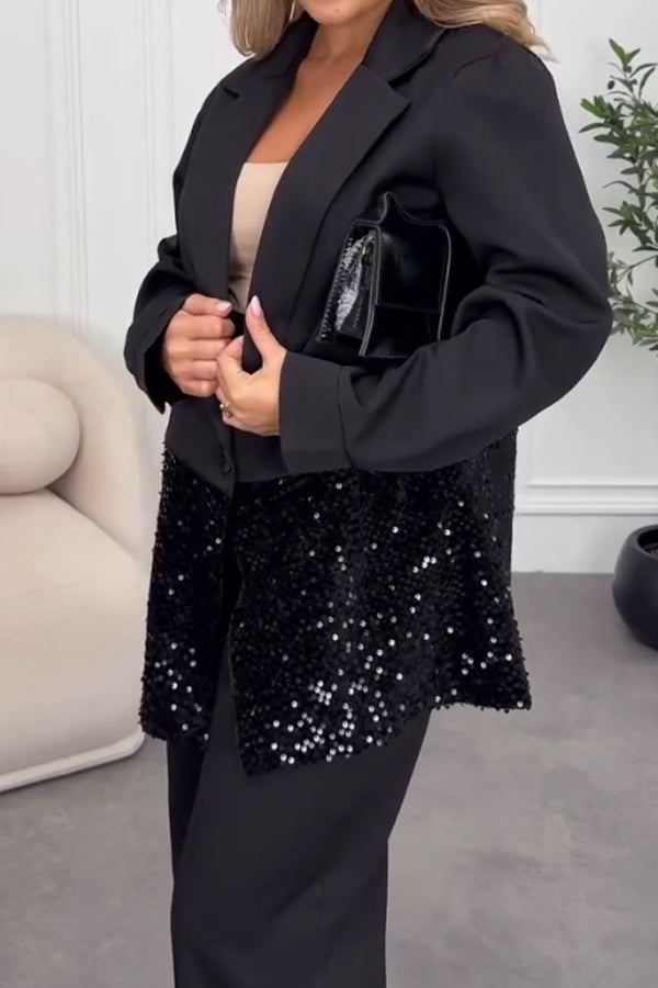Women Elegant Sequined Suit + Wide-Leg Pants Suit
