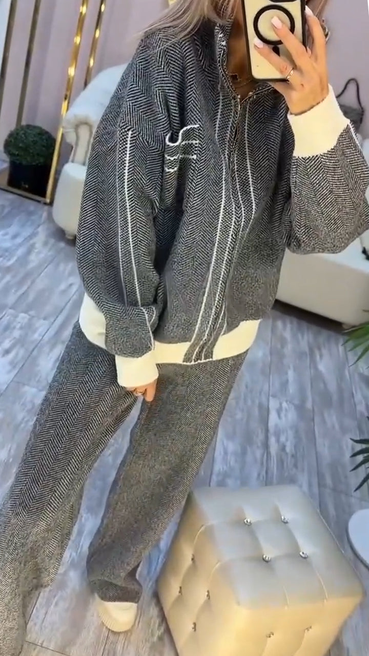 Women Lapel Striped Jacket + Pants Temperament Casual Suit