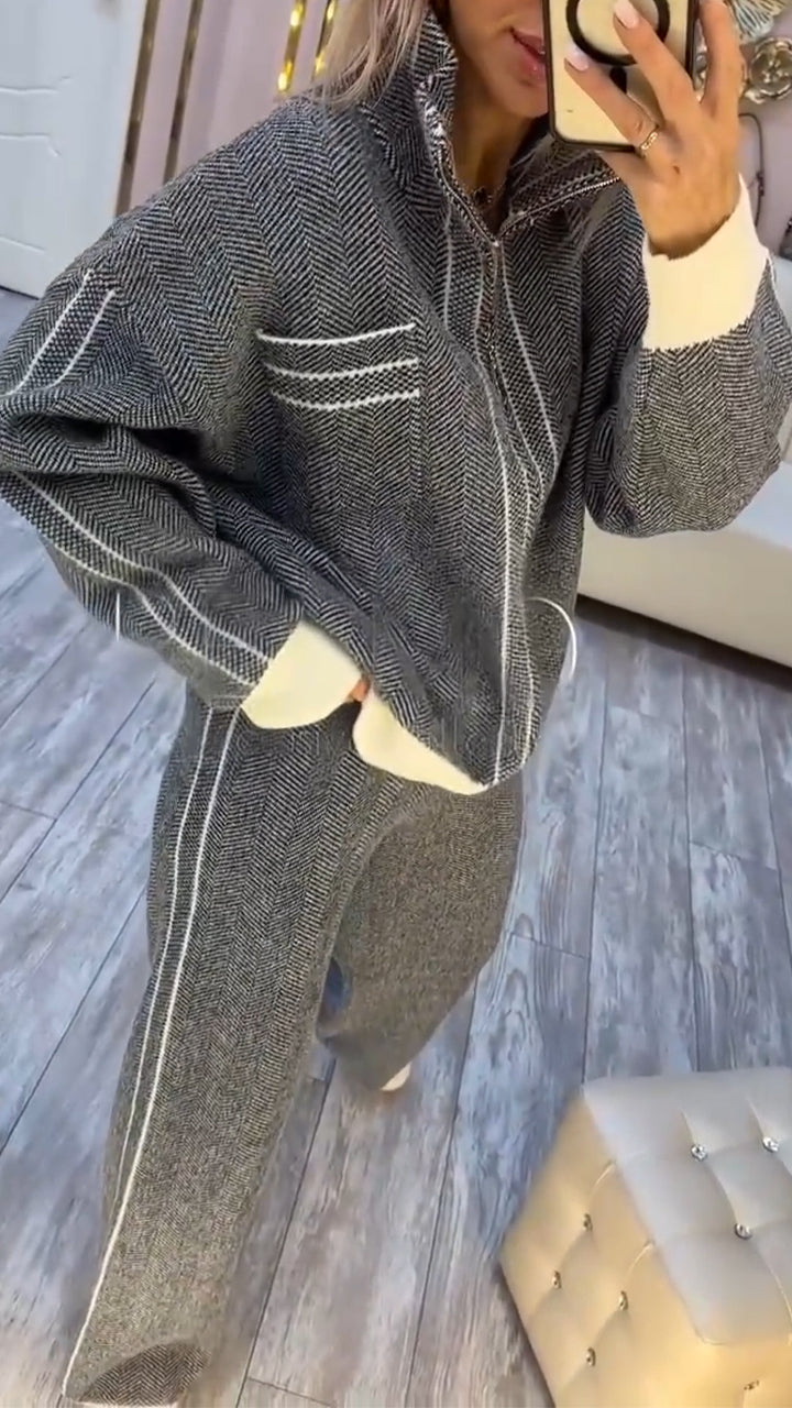 Women Lapel Striped Jacket + Pants Temperament Casual Suit