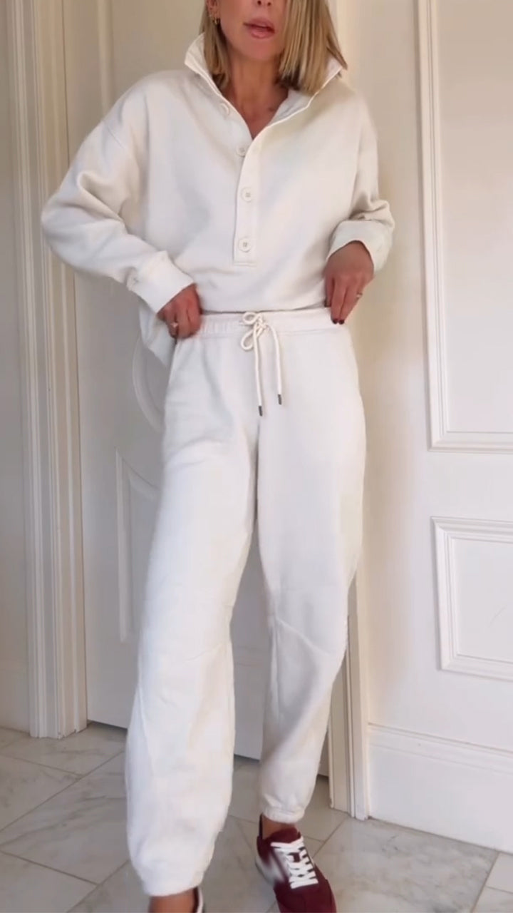 Women Stand Collar Button-Down Top + Drawstring Pants Casual Set