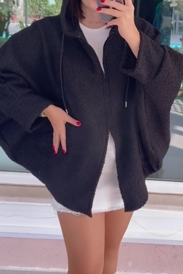 Women Casual Hooded Drawstring Batwing Sleeve Oversized Zip-Up Jacket