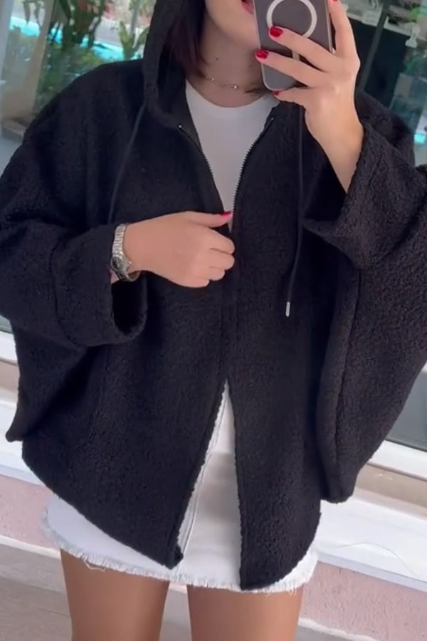 Women Casual Hooded Drawstring Batwing Sleeve Oversized Zip-Up Jacket