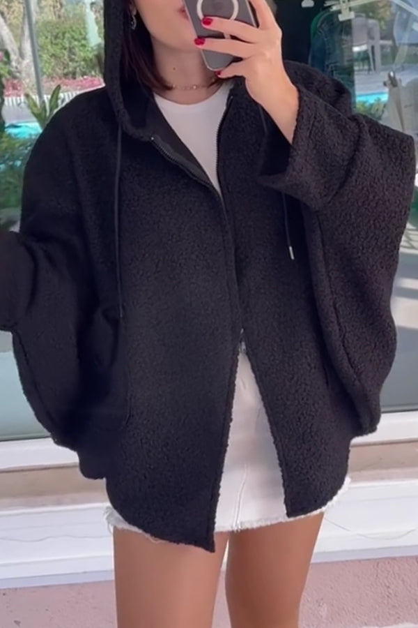 Women Casual Hooded Drawstring Batwing Sleeve Oversized Zip-Up Jacket