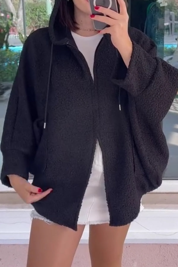 Women Casual Hooded Drawstring Batwing Sleeve Oversized Zip-Up Jacket
