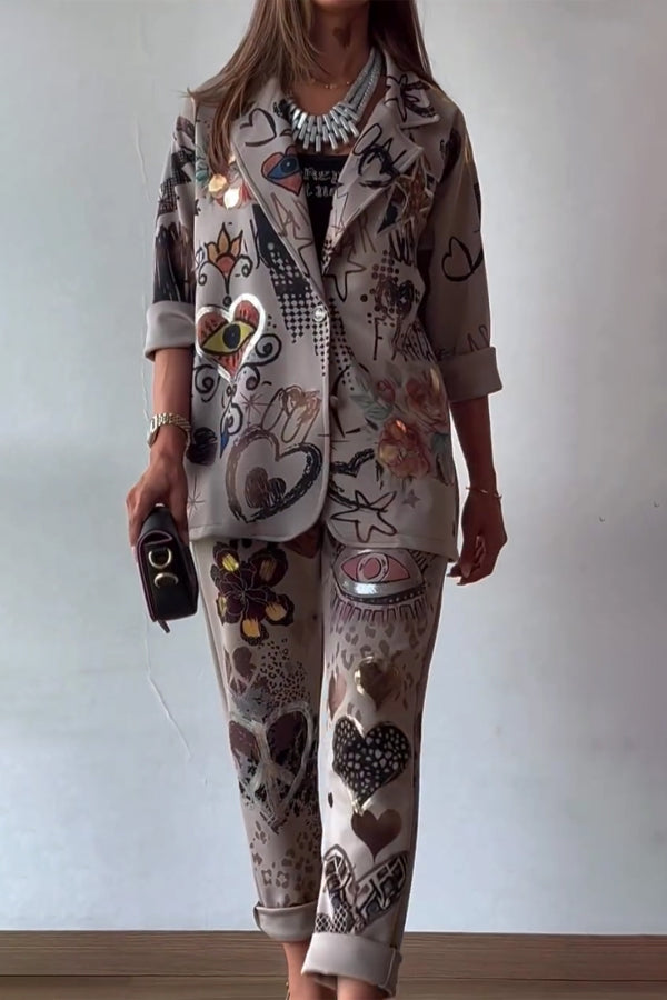 Women Casual Graffiti Pattern Suit + Pants Suit