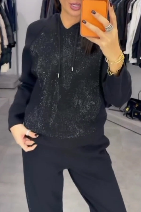 Women Casual Hooded Drawstring Shimmer Patchwork Sweatshirt + Jogger Pants Suit