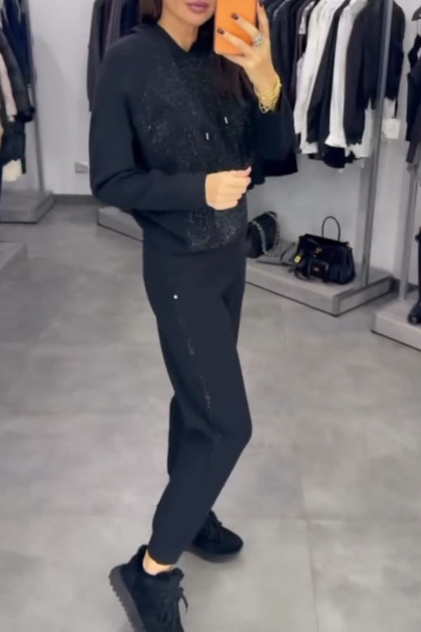 Women Casual Hooded Drawstring Shimmer Patchwork Sweatshirt + Jogger Pants Suit
