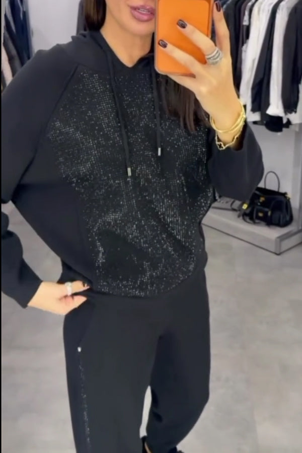 Women Casual Hooded Drawstring Shimmer Patchwork Sweatshirt + Jogger Pants Suit