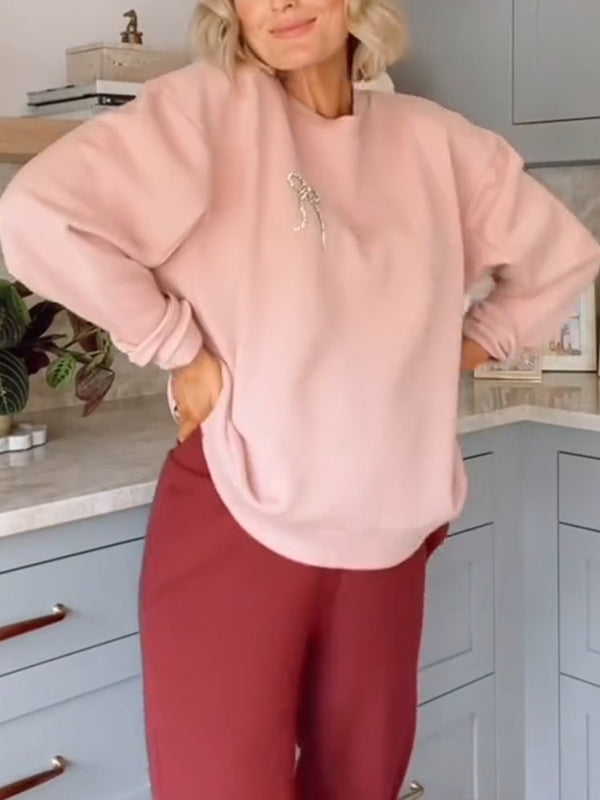 Women Round Neck Bow Tie Rhinestone Print Casual Sweatshirt