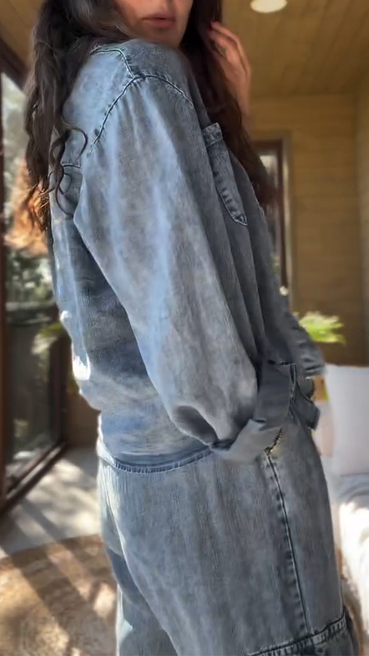 Women Collared Casual Denim Three-Piece Set