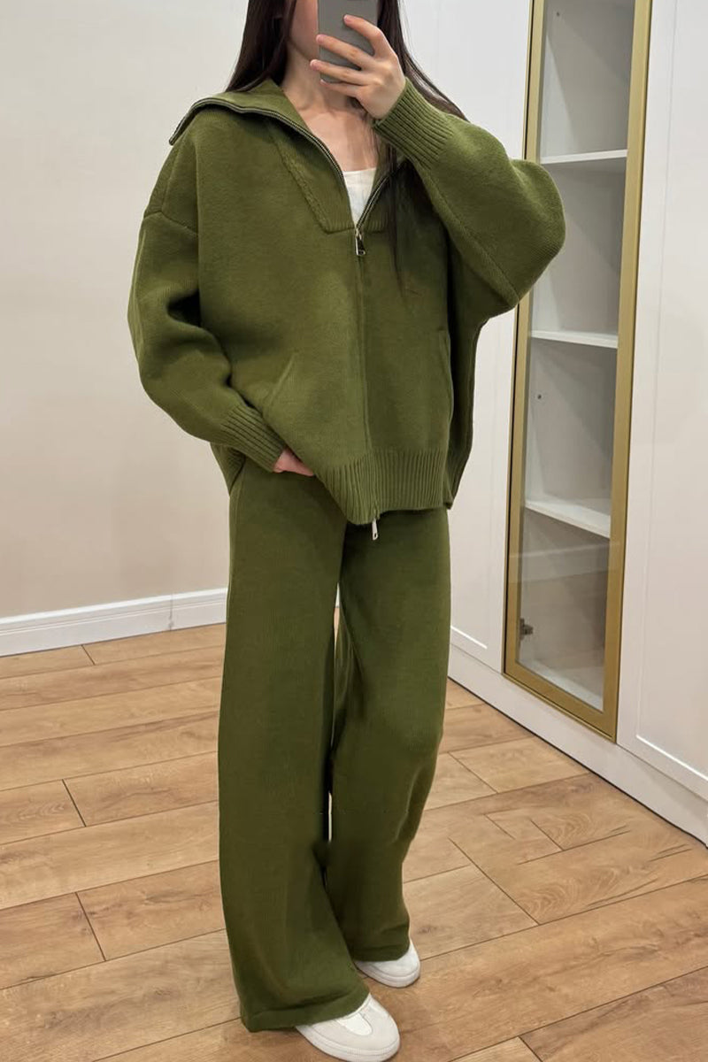 Women Collared Zipper Jacket + Pants Casual Set