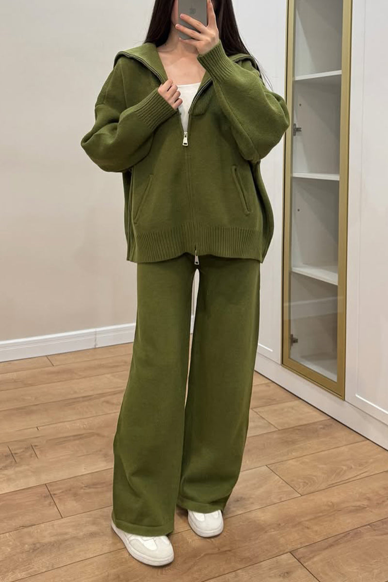 Women Collared Zipper Jacket + Pants Casual Set