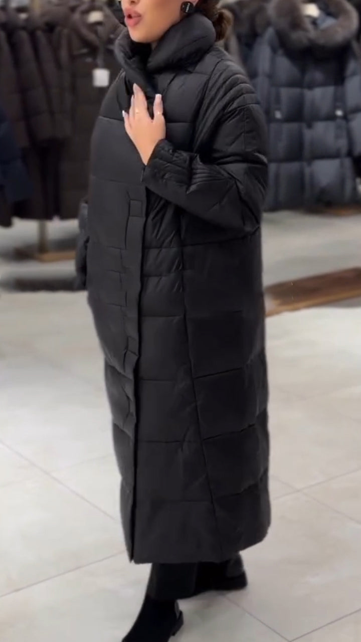 Women Stand Collar Solid Color Casual Long Cotton-padded Coat