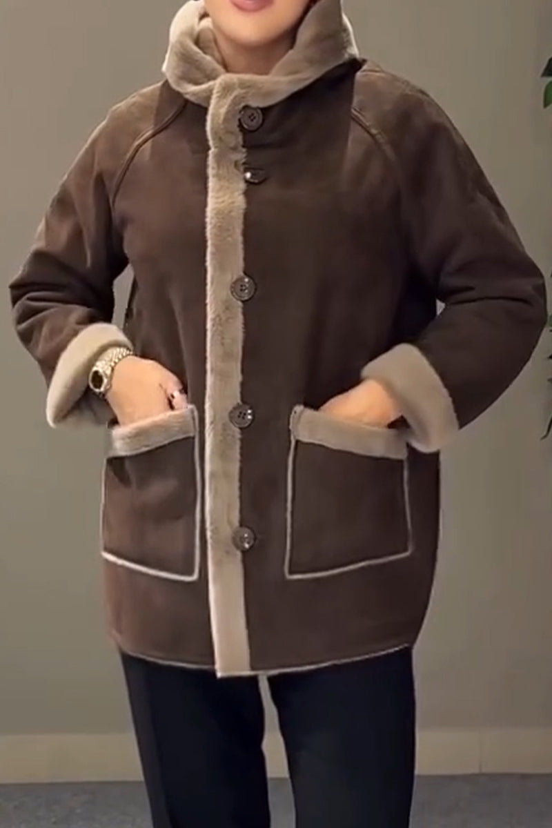 Women Round Neck Reversible Casual Plush Jacket