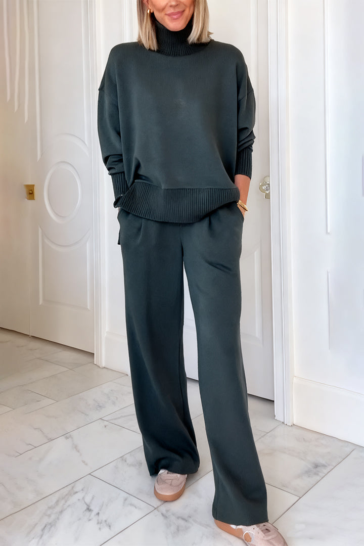 Women High-neck Stitching Knitted Side Zipper Top + Pants Casual Suit