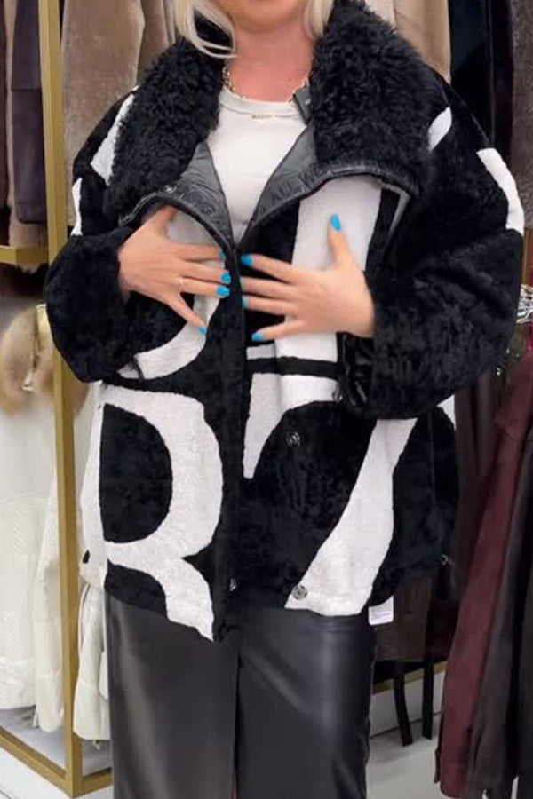 Women Casual Plush Drawstring Letter Pattern Reversible Fleece Jacket