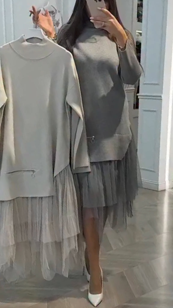 Women Round Neck Zippered Patchwork Mesh Casual Dress