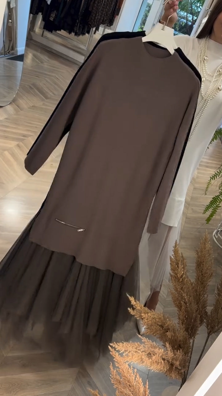 Women Round Neck Zippered Patchwork Mesh Casual Dress