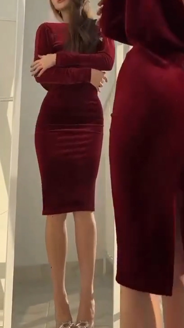 Ladies Round Neck Back Hollow Velvet Solid Color Elegant Temperament Dinner Party Dress