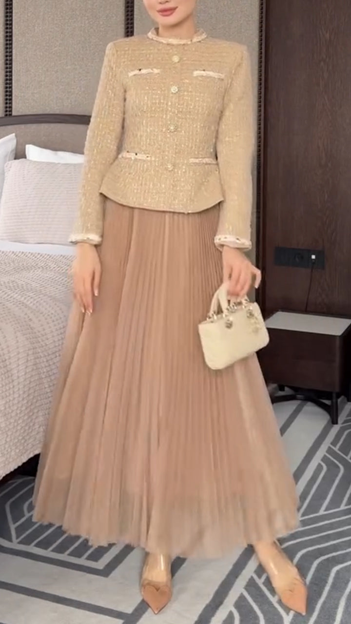 Women Round Neck Button-down Fitted Jacket + Pleated Mesh Skirt Elegant and Temperament Suit