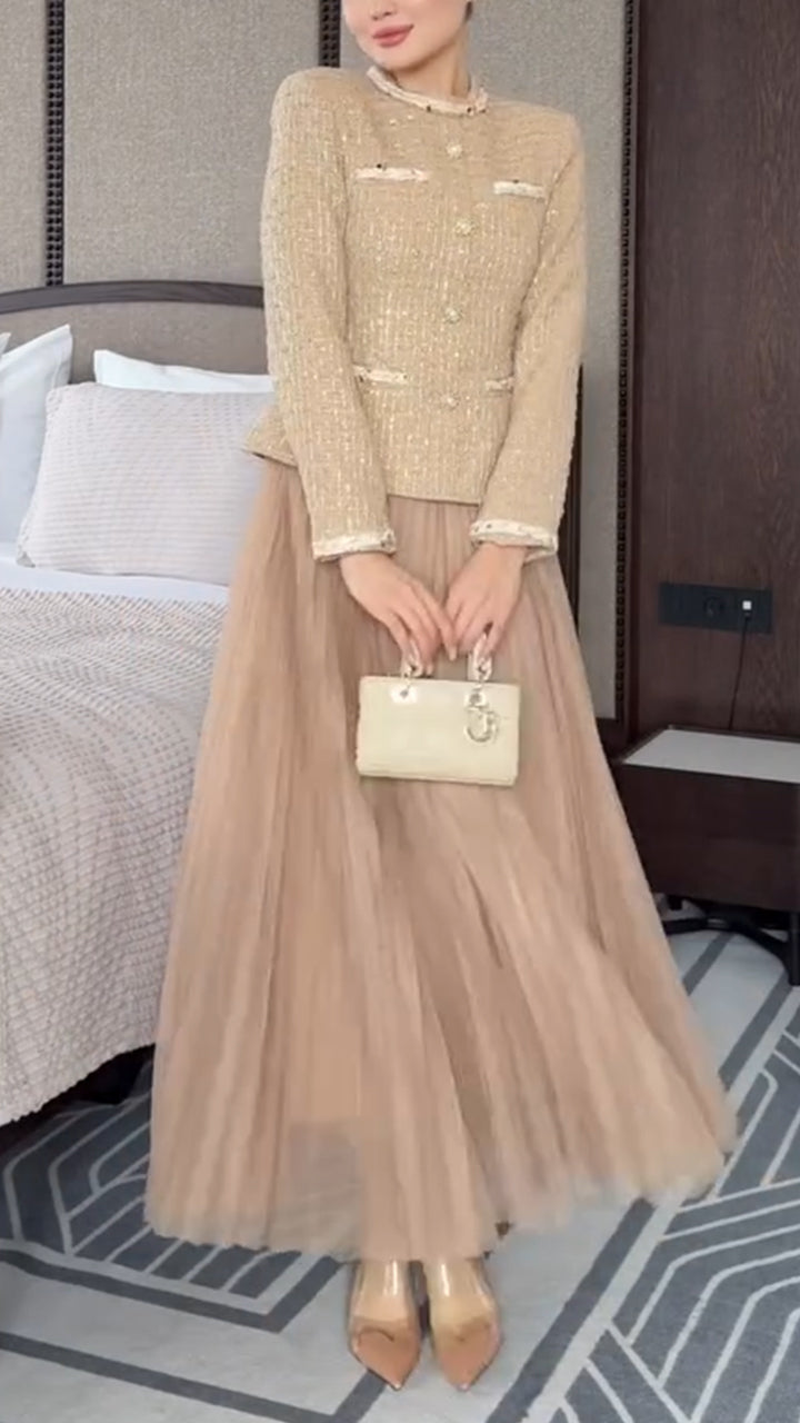 Women Round Neck Button-down Fitted Jacket + Pleated Mesh Skirt Elegant and Temperament Suit