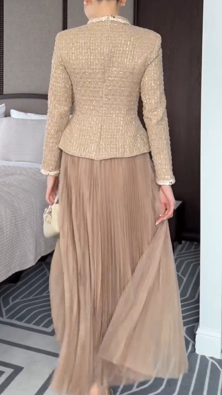 Women Round Neck Button-down Fitted Jacket + Pleated Mesh Skirt Elegant and Temperament Suit