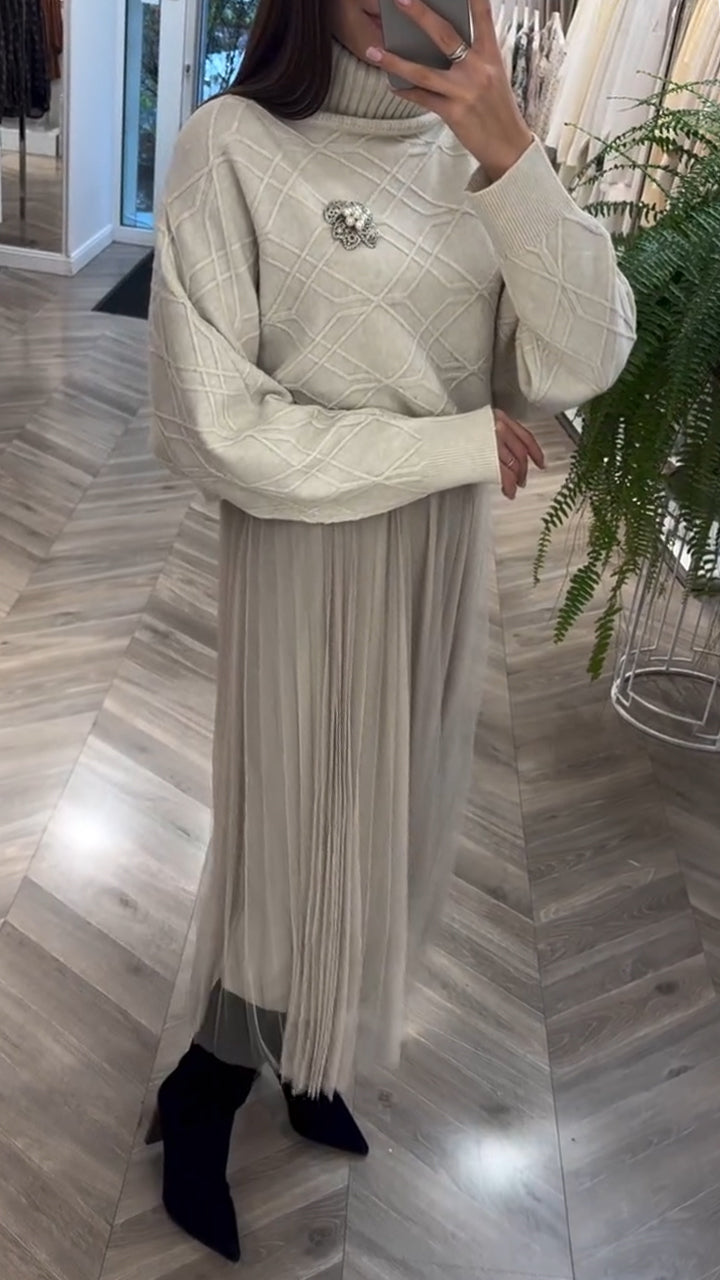 Ladies Wearing A Mesh Dress and A Turtleneck Sweater Leisure Suit