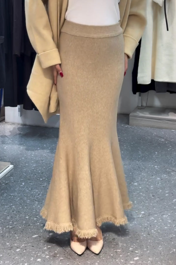 Women Casual Soft Knit Cardigan + Frayed Fishtail Skirt Suit