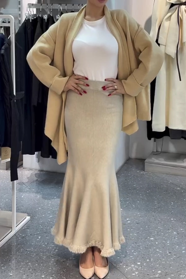 Women Casual Soft Knit Cardigan + Frayed Fishtail Skirt Suit